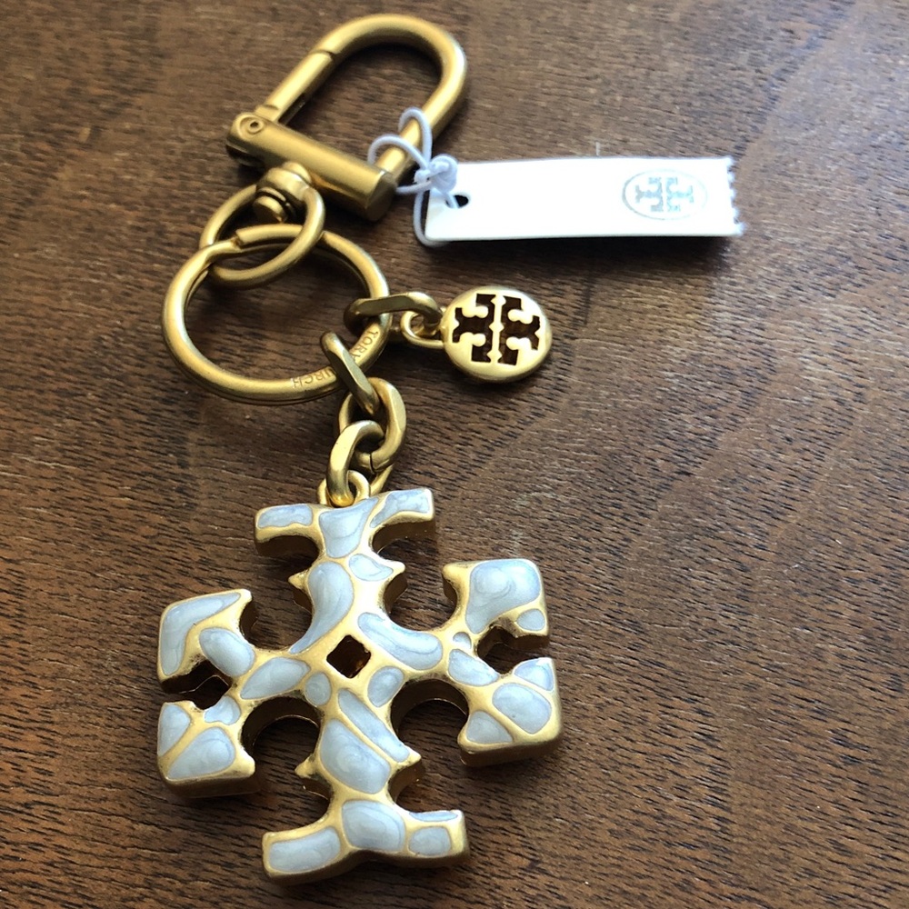Tory Burch White Enamel & Gold Logo Keychain Charm